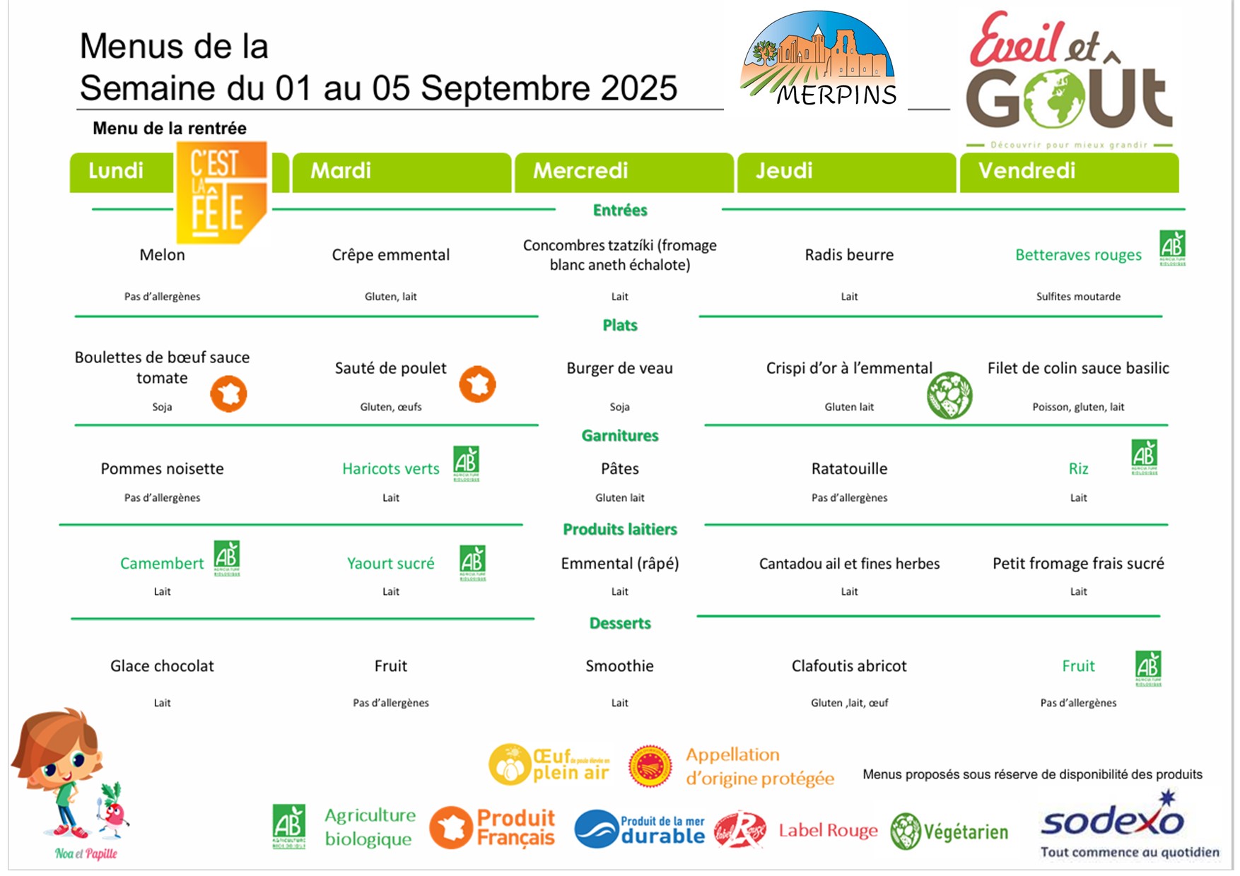 Les menus du restaurant scolaire Merpins