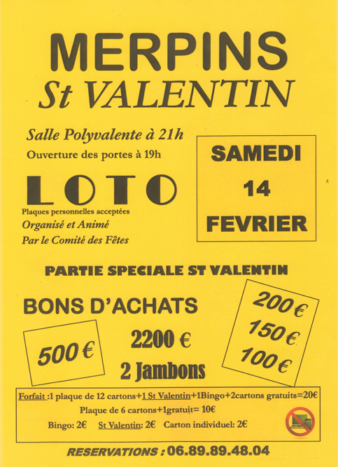 Loto de la Saint Valentin à Merpins, organisé par le Comité des Fêtes, le samedi 14 février