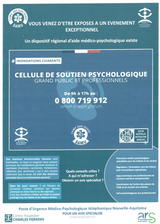 Inondations CHARENTE, Cellule de soutien Psychologique