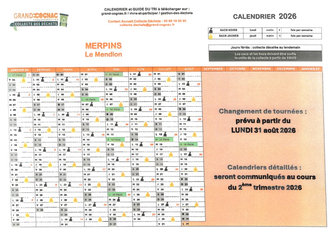 Calendrier 2026 de la collecte des déchets, Merpins Le Mendion
