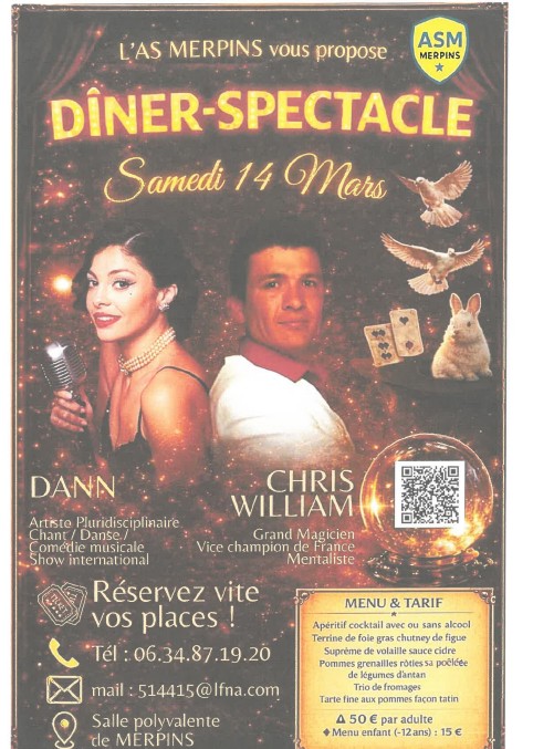 Dîner-spectacle, samedi 14 Mars organisé par L'AS de Merpins