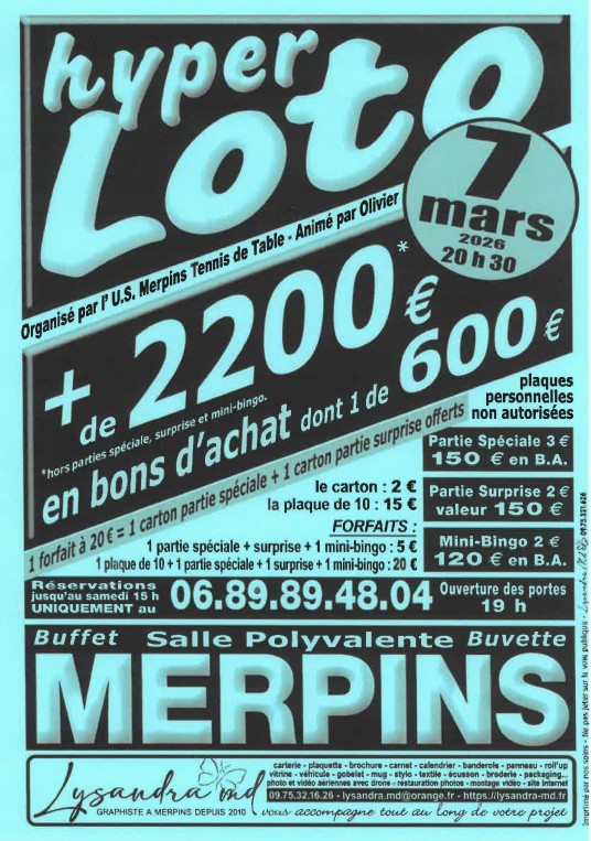 Hyper Loto, le samedi 7 Mars organisé par l'U.S. Merpins Tennis de Table