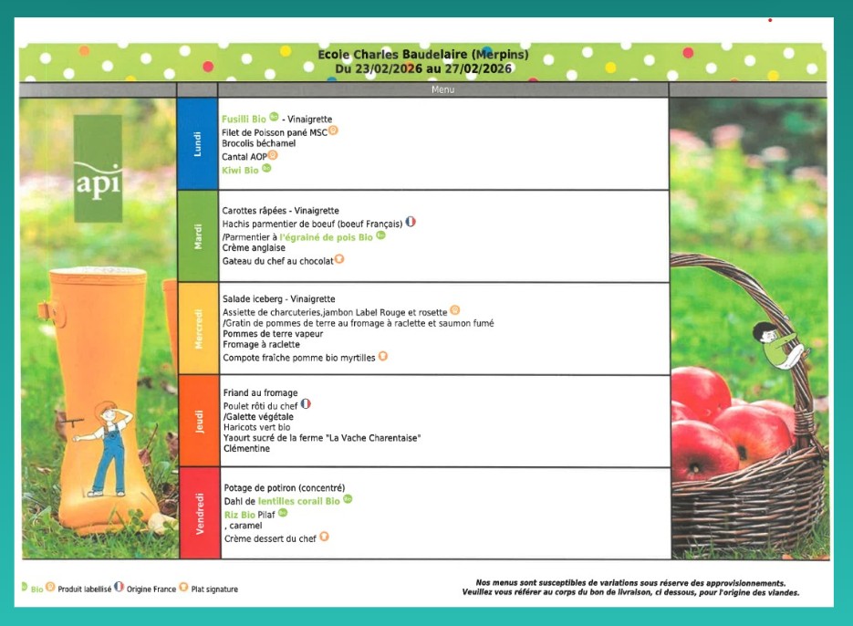 Les menus du restaurant scolaire Merpins