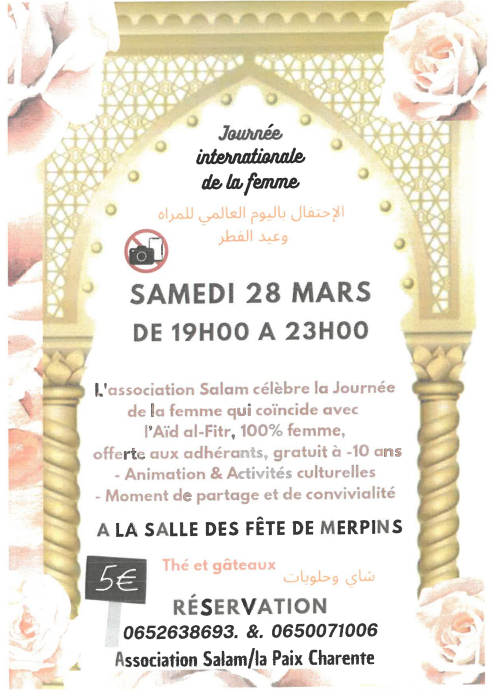 Journée Internationale de la femme, le samedi 28 mars organisée pour l'Association Salam/la Paix Charente