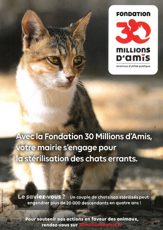 Fondation 30 millions d'amis, votre mairie s'engage pour la stérilisation des chats errants.
