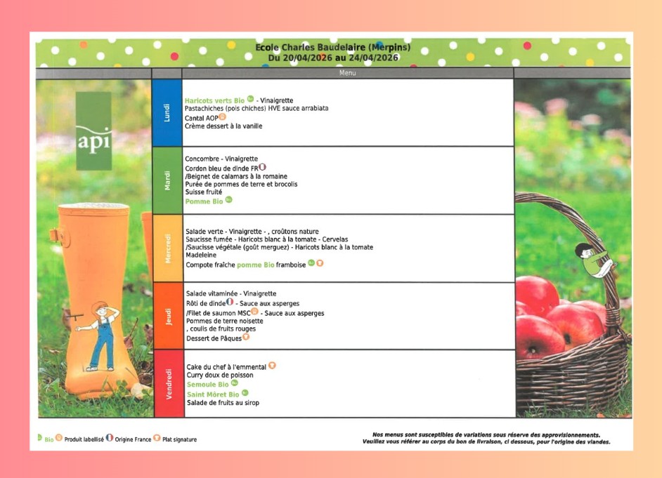 Les menus du restaurant scolaire Merpins