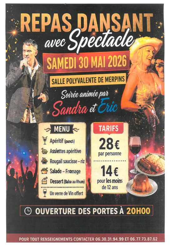 Repas Dansant avec Spectacle, le samedi 30 mai 2023 20h à la Salle polyvalente de Merpins
