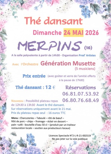 Thé dansant, Dimanche 24 mai 2026 à 14h30 salle polyvalente de Merpins