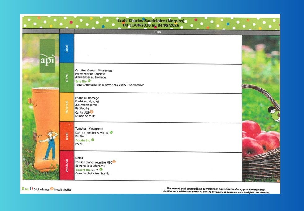 Les menus du restaurant scolaire Merpins