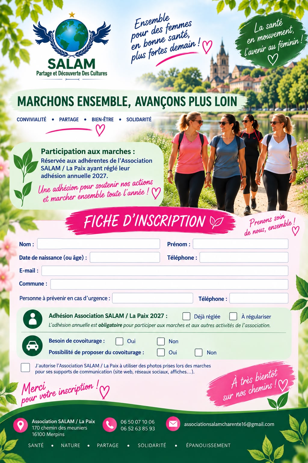 Marchons ensemble, Avançons plus loin.... Activitée proposée pour les adhérentes de l'Association Salam / La Paix 